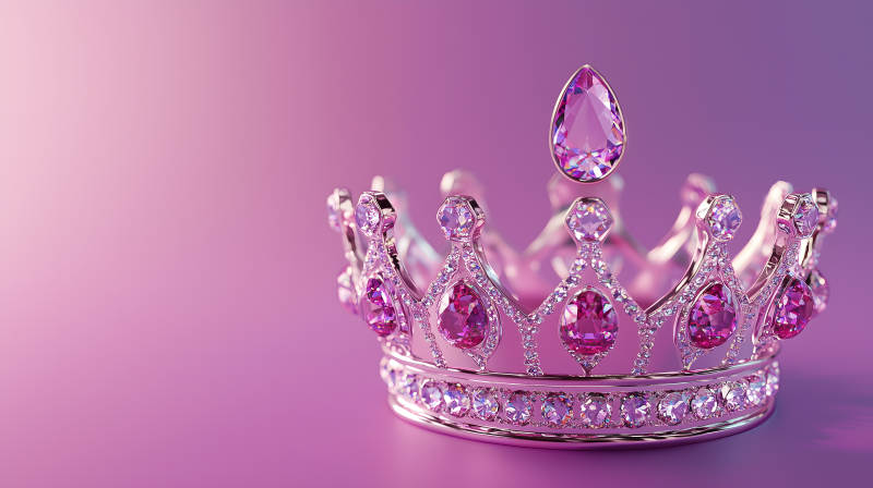 粉紫色背景上镶满宝石的华丽皇冠图片
