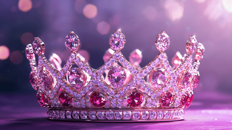 粉紫色背景上镶满宝石的华丽皇冠图片