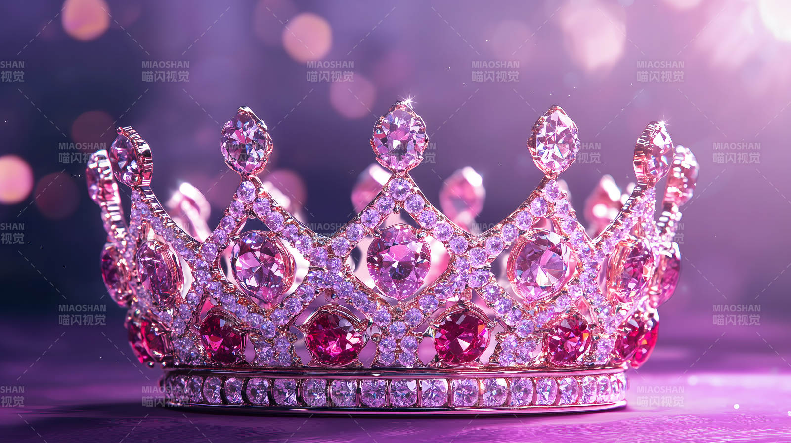 粉紫色背景上镶满宝石的华丽皇冠图片