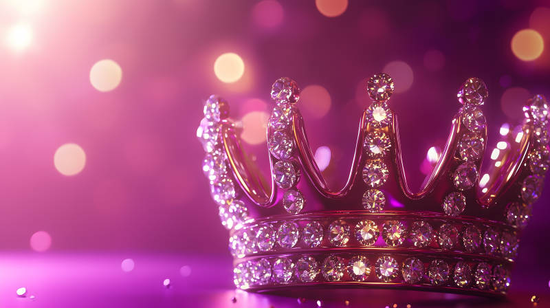 粉紫色背景上镶满宝石的华丽皇冠图片