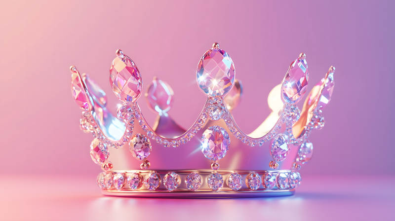 粉紫色背景上镶满宝石的华丽皇冠图片