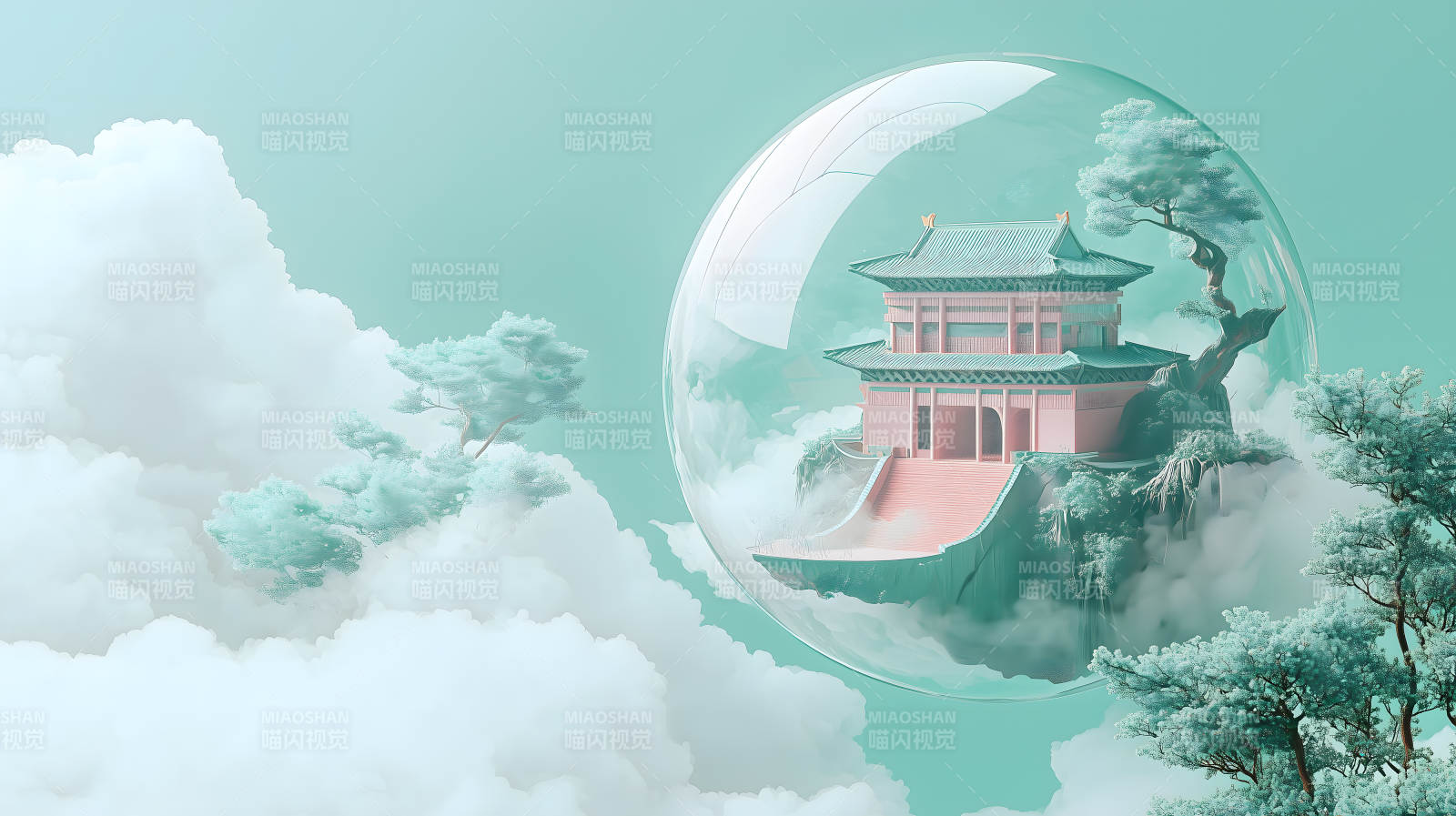 云雾中悬浮着古风建筑的透明气泡图片