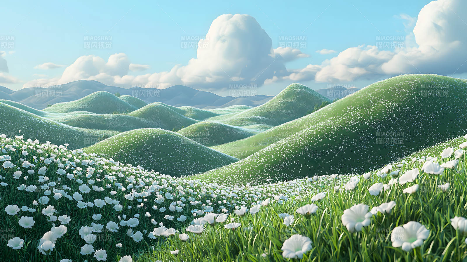 绿坡白花景致图片