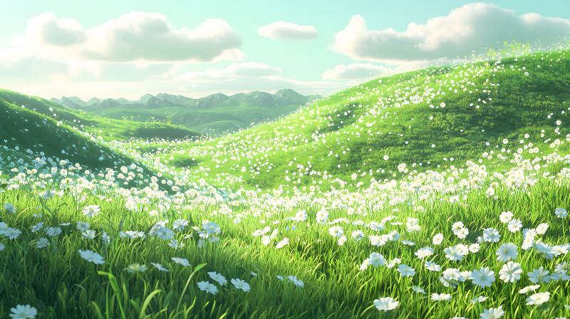 绿坡白花景致图片