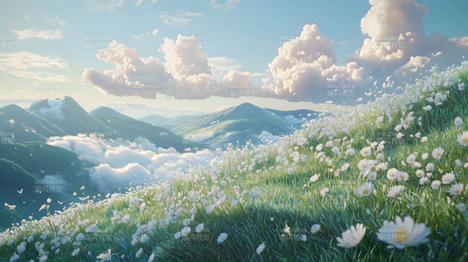 绿坡白花景致图片