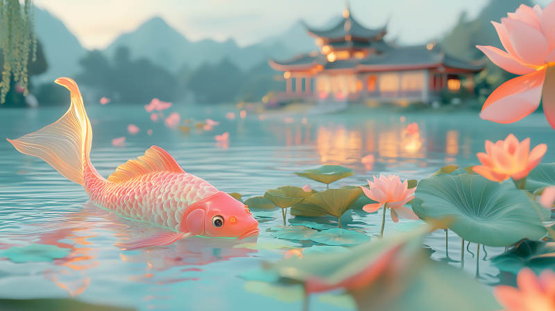 荷花池中色彩艳丽的锦鲤悠游画面图片