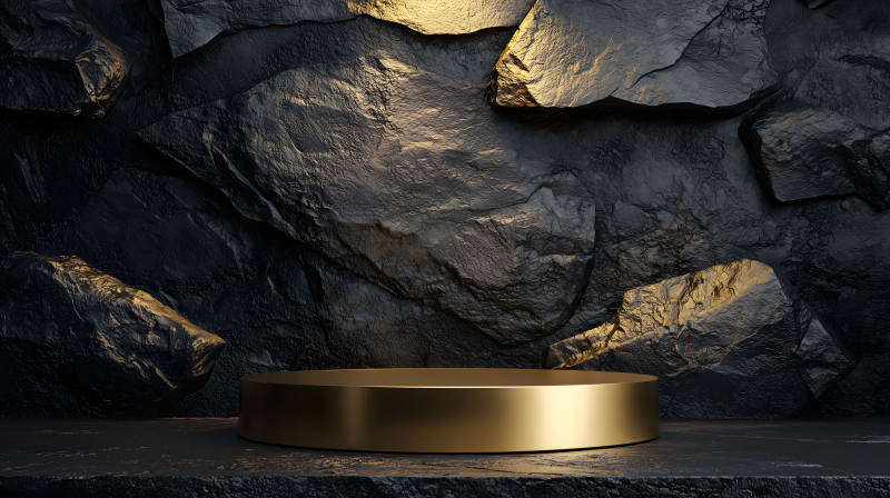 黑金岩石背景前的金色圆形展示台图片