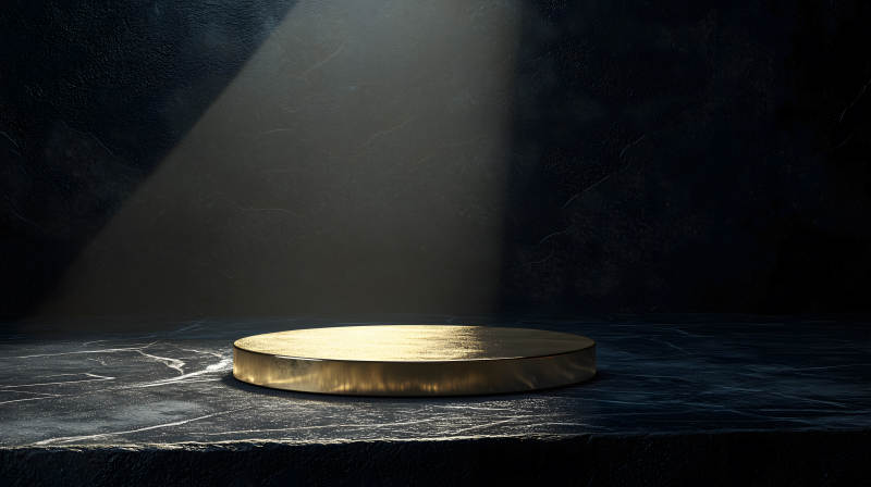 黑金岩石背景前的金色圆形展示台图片