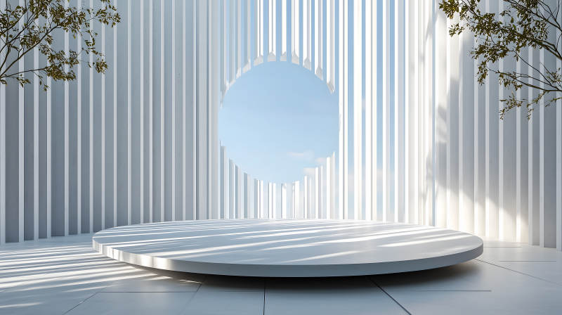 白色竖条纹空间内的圆形白色展示台图片