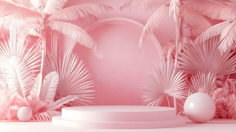 粉色场景中带拱形门的大理石展台图片