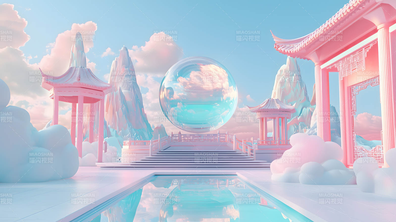 粉蓝梦幻场景中带透明大球的古风建筑图片