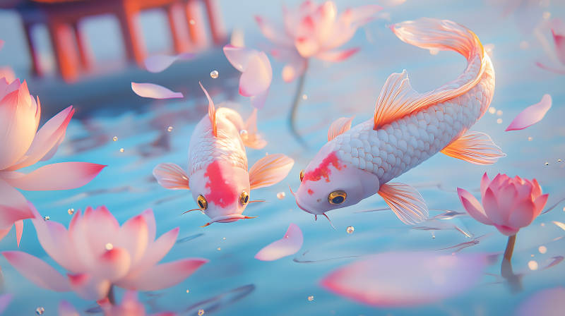 荷花池中色彩艳丽的锦鲤悠游画面图片