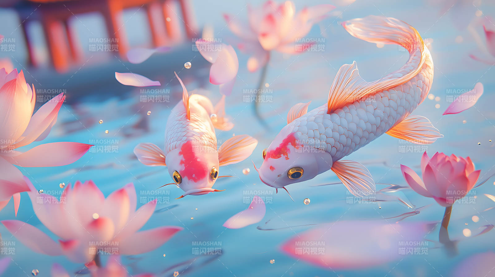 荷花池中色彩艳丽的锦鲤悠游画面图片