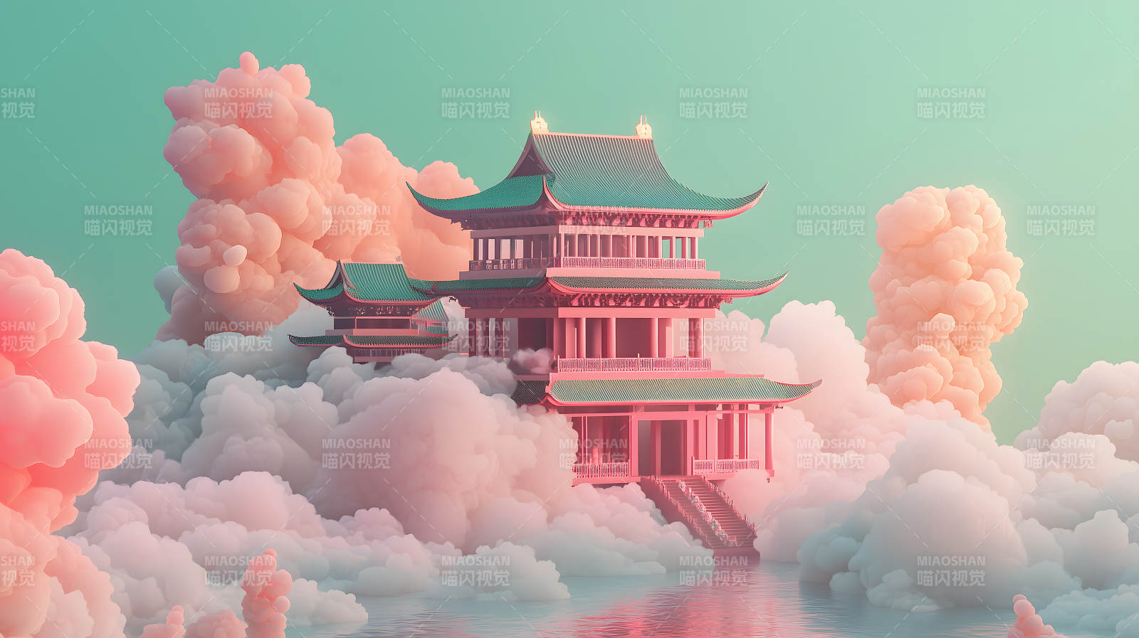 云雾中粉绿相间的古风多层建筑景观图片