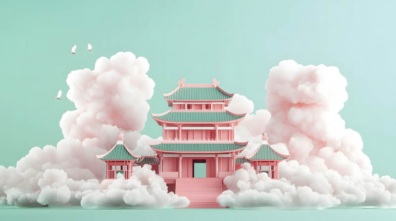 云雾中粉绿相间的古风多层建筑景观图片
