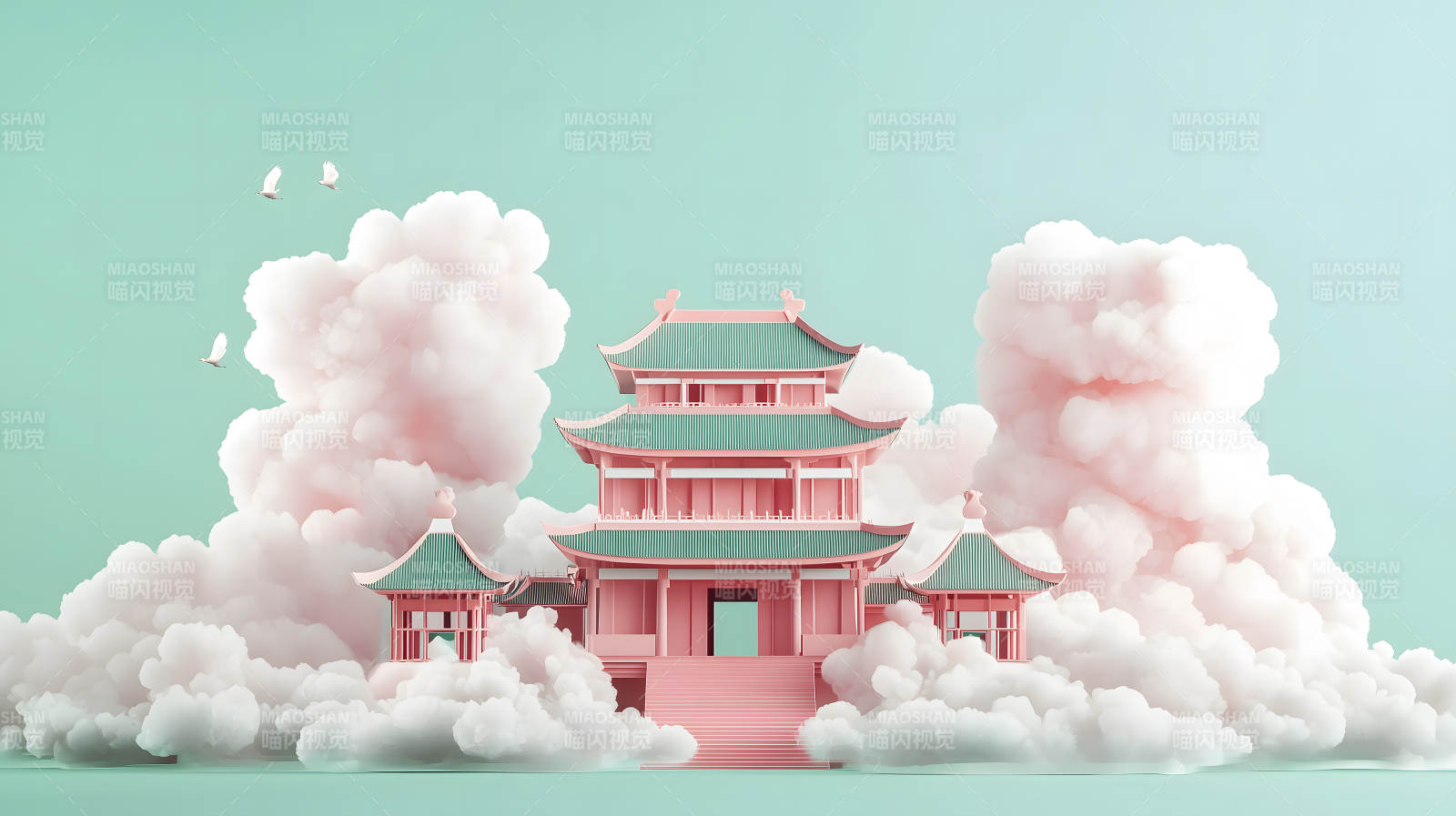 云雾中粉绿相间的古风多层建筑景观图片