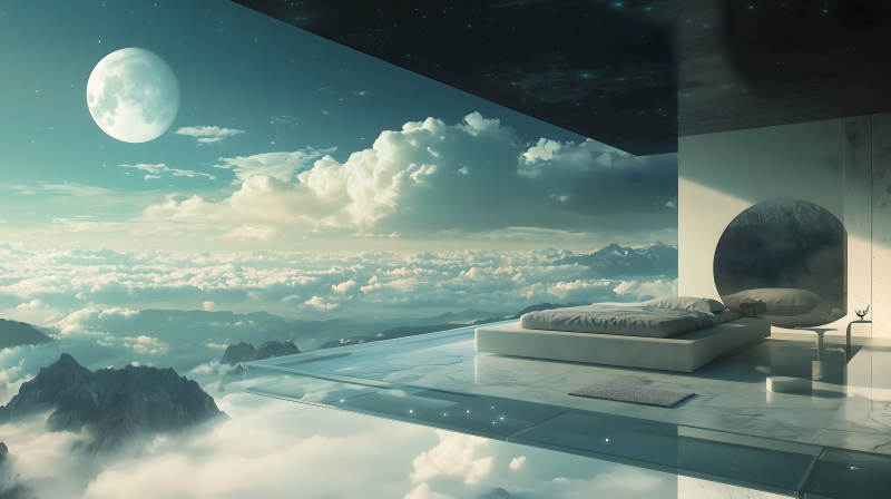 月夜观景睡榻图片