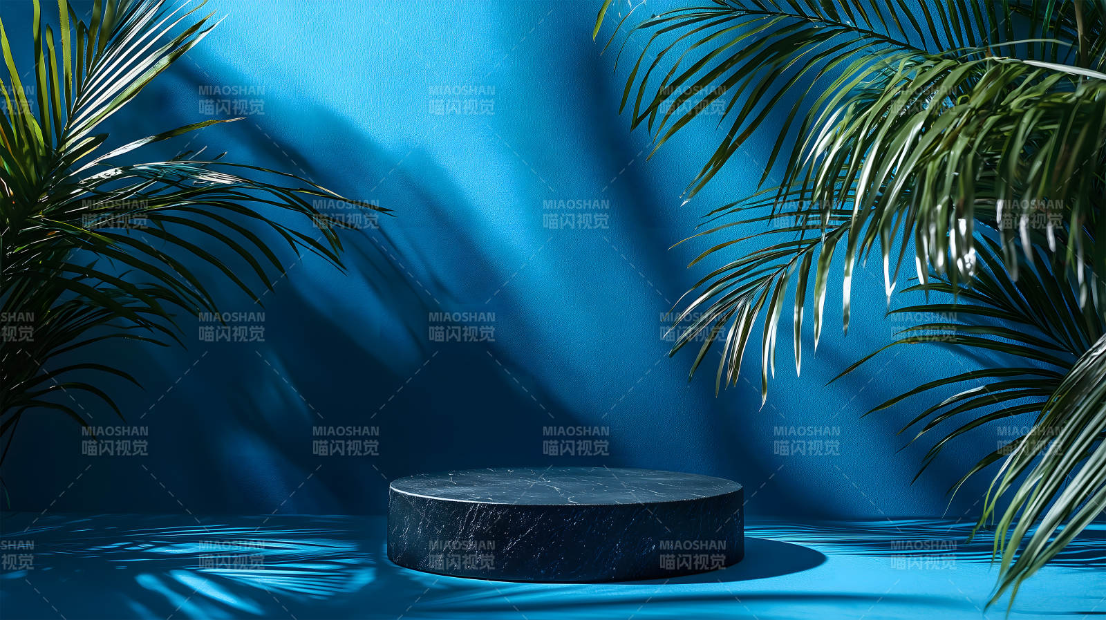 蓝色背景中带棕榈叶的黑色大理石展台图片