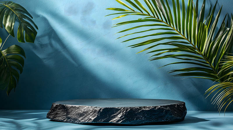 蓝色背景中带棕榈叶的黑色大理石展台图片