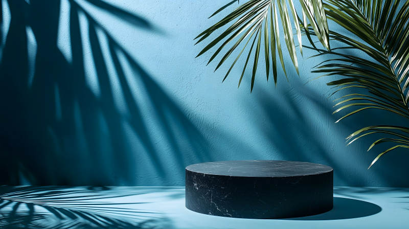 蓝色背景中带棕榈叶的黑色大理石展台图片