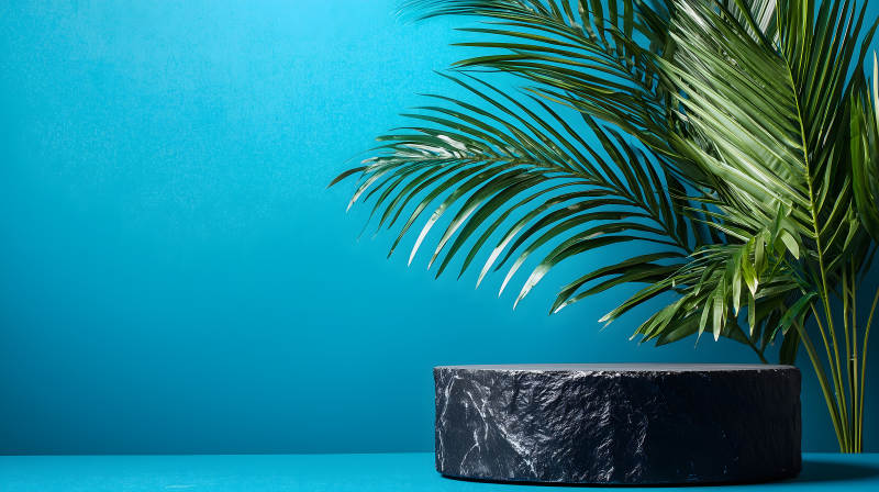 蓝色背景中带棕榈叶的黑色大理石展台图片