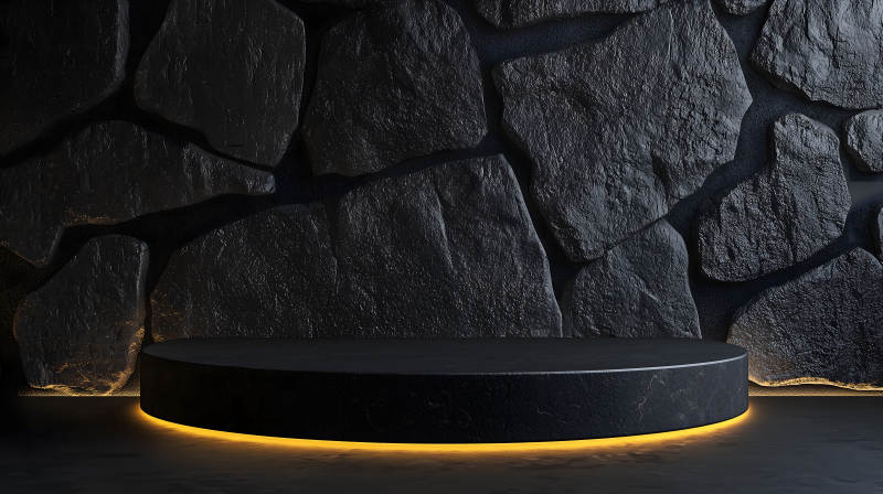 黑金岩石背景前的金色圆形展示台图片