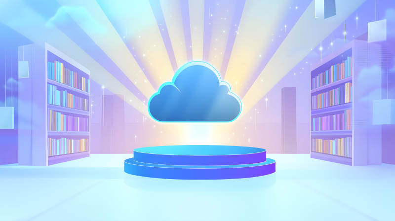 炫彩背景中带书架的蓝色云形展示台图片