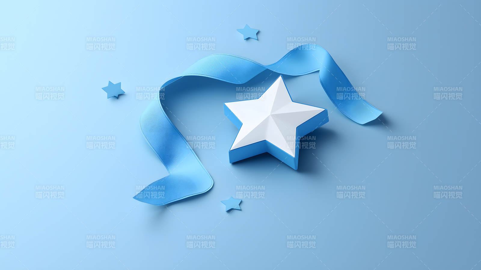 蓝色背景上蓝白星星搭配丝带图片