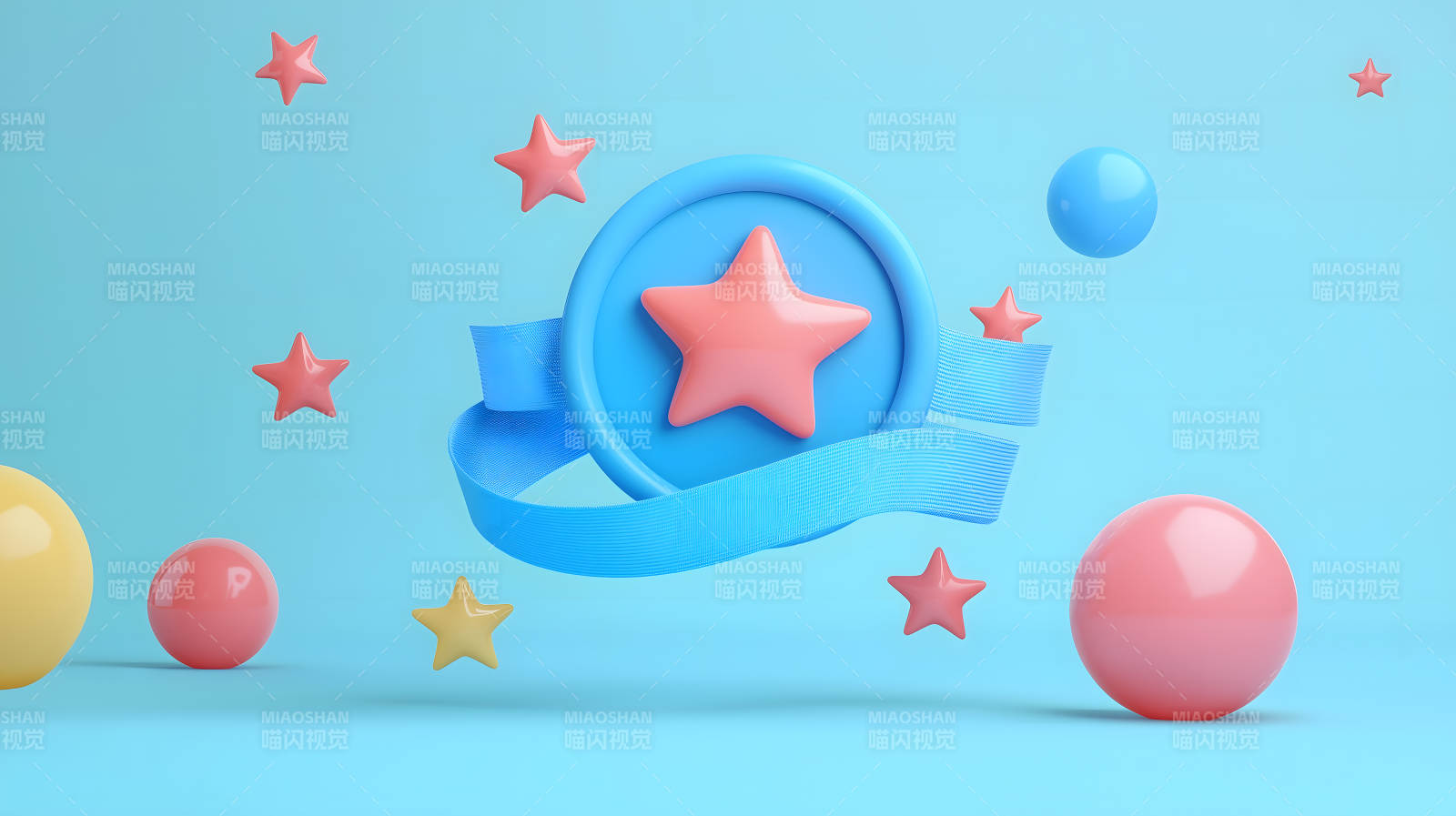蓝色背景中带星星的蓝色奖章及装饰图片