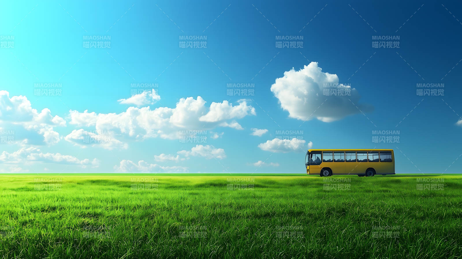 蓝天绿草间巴士图片