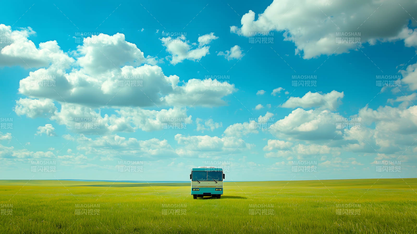 蓝天绿草间巴士图片