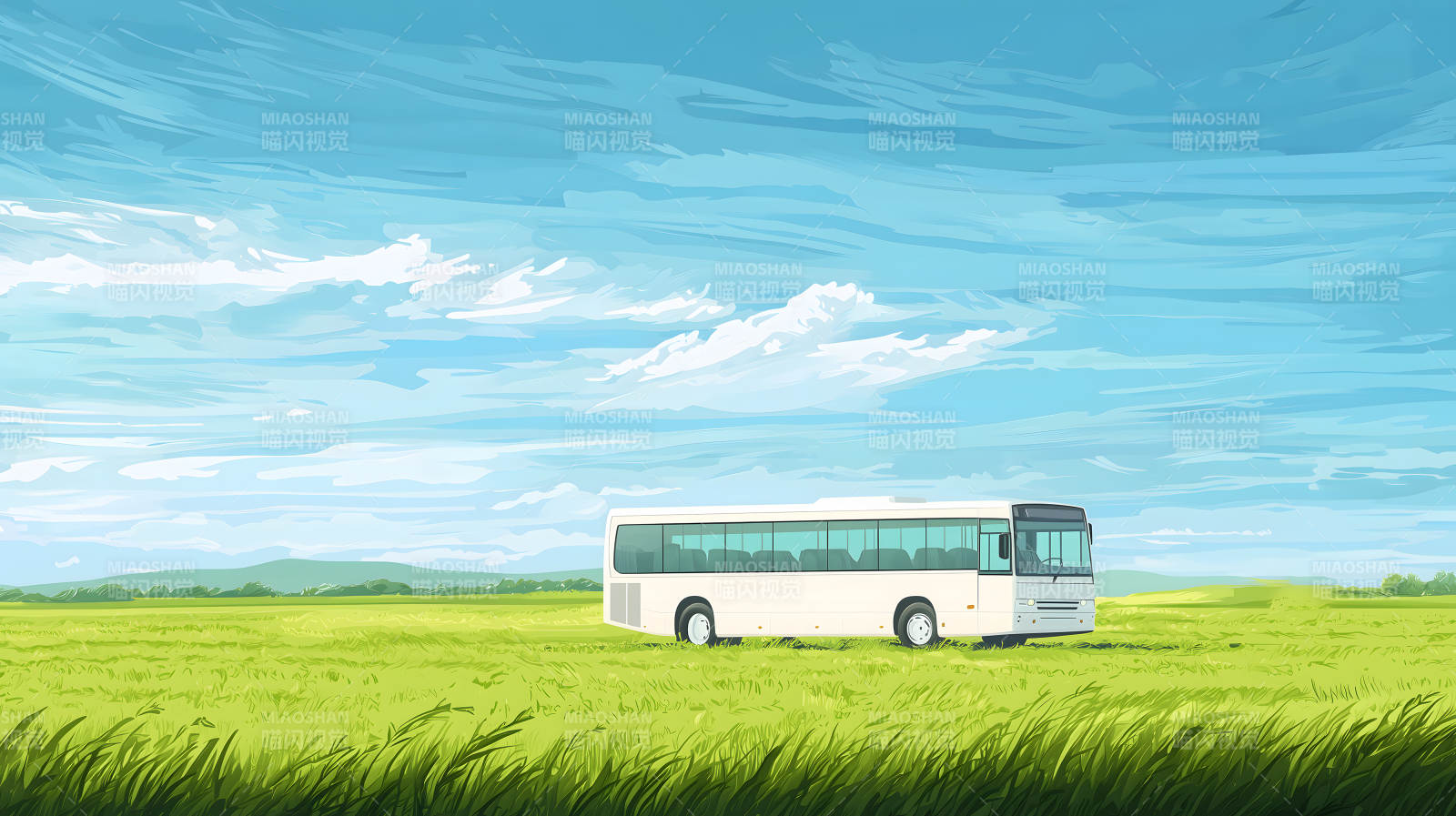 蓝天绿草间巴士图片