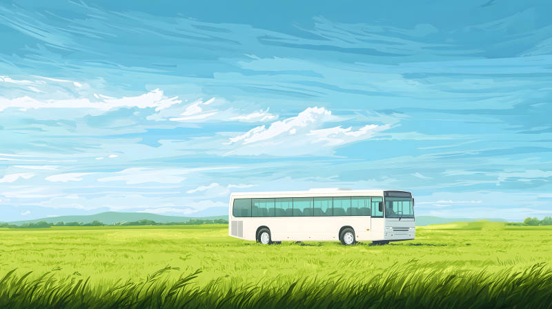 蓝天绿草间巴士图片