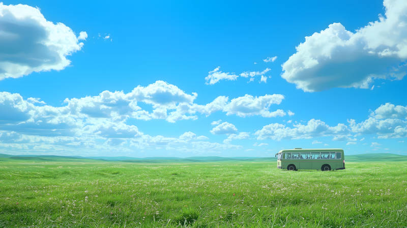 蓝天绿草间巴士图片