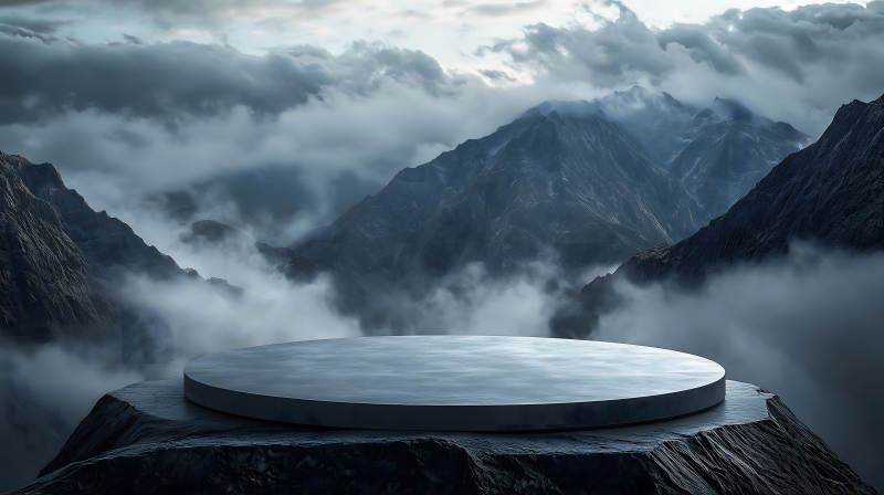 云雾缭绕山巅上的圆形灰色展示台图片