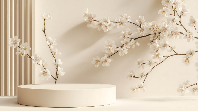 米白色背景中带白色花枝的圆形展台图片