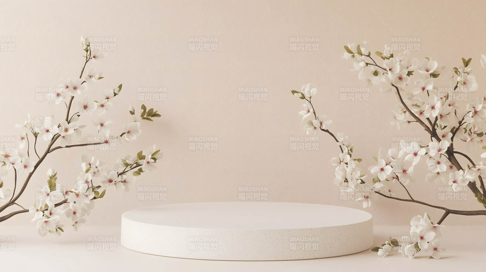 米白色背景中带白色花枝的圆形展台图片
