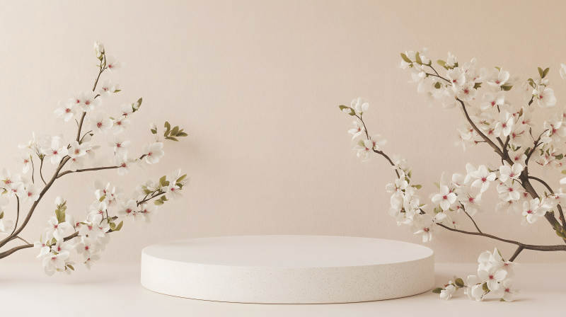 米白色背景中带白色花枝的圆形展台图片