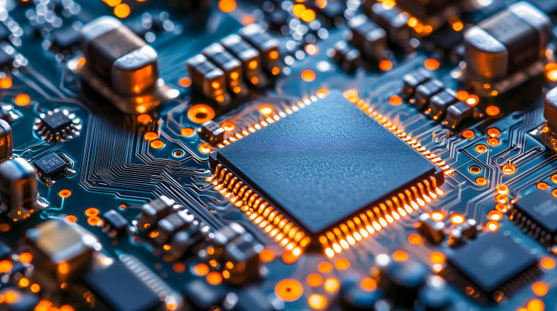 带橙色光点的电路板及中央芯片画面图片