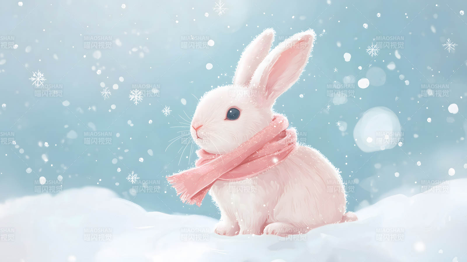 雪中戴着粉色围巾的可爱白兔形象图片