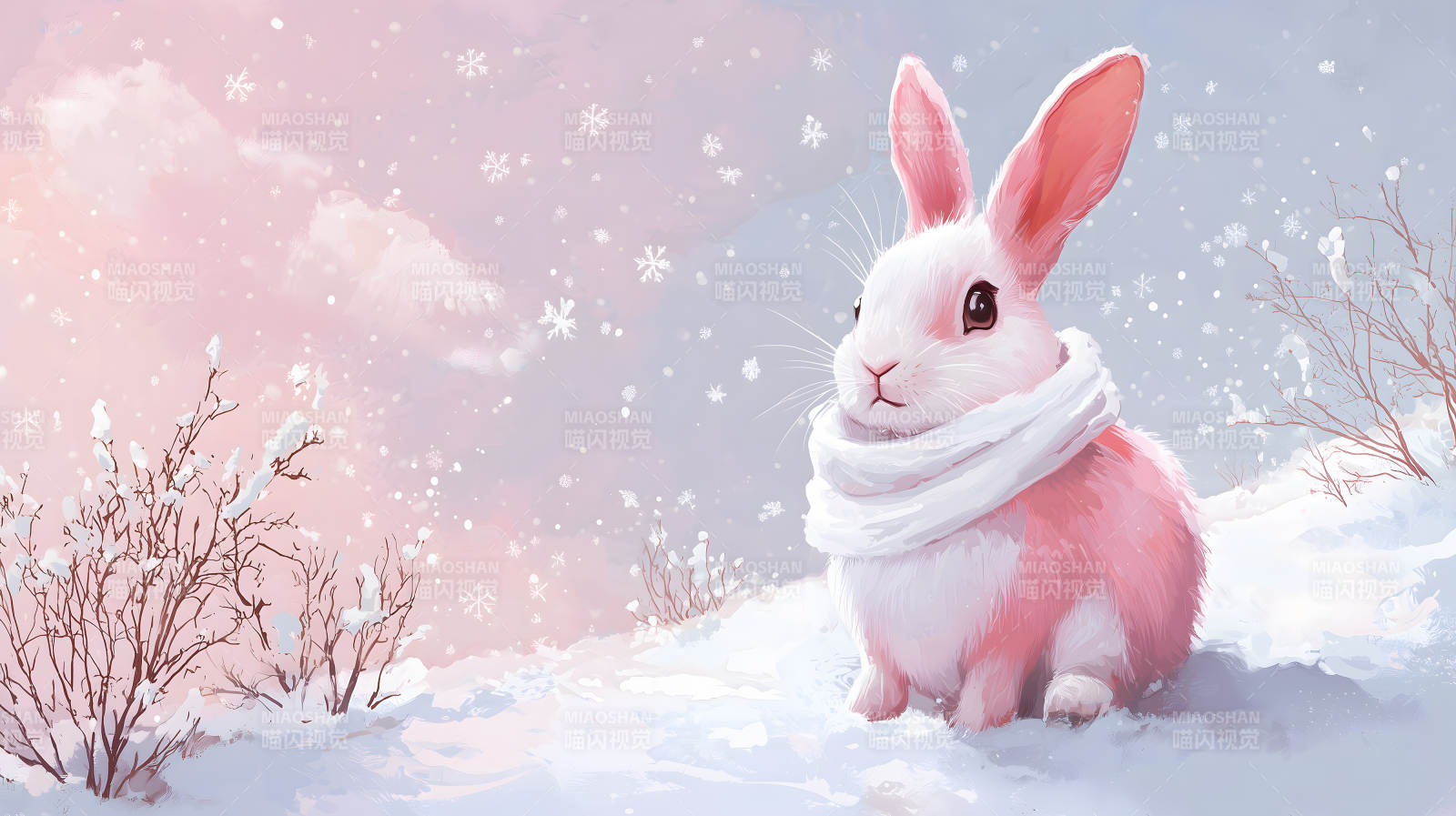 雪中戴着粉色围巾的可爱白兔形象图片