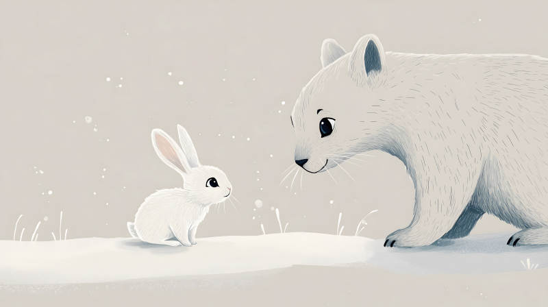 雪地中白兔与白熊对视的温馨画面图片
