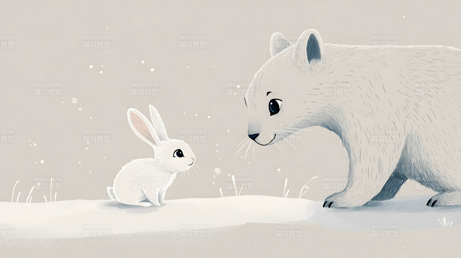 雪地中白兔与白熊对视的温馨画面图片