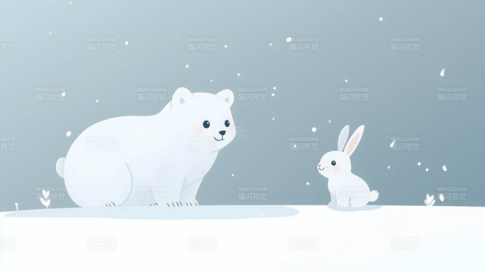 雪地中白兔与白熊对视的温馨画面图片