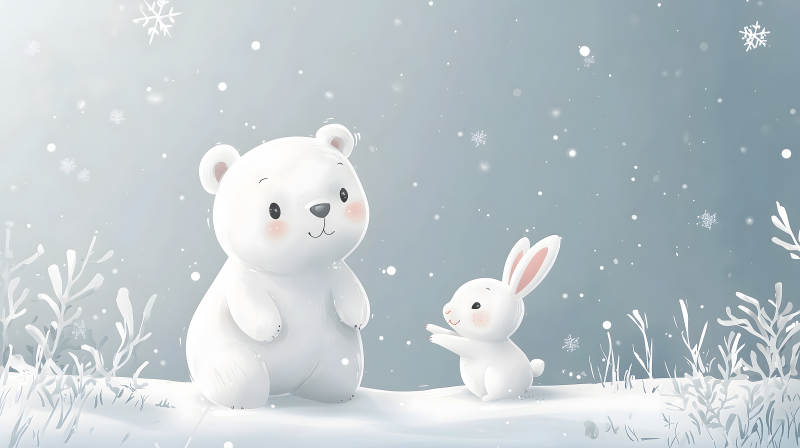 雪地中白兔与白熊对视的温馨画面图片