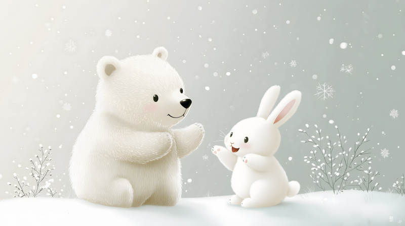 雪地中白兔与白熊对视的温馨画面图片