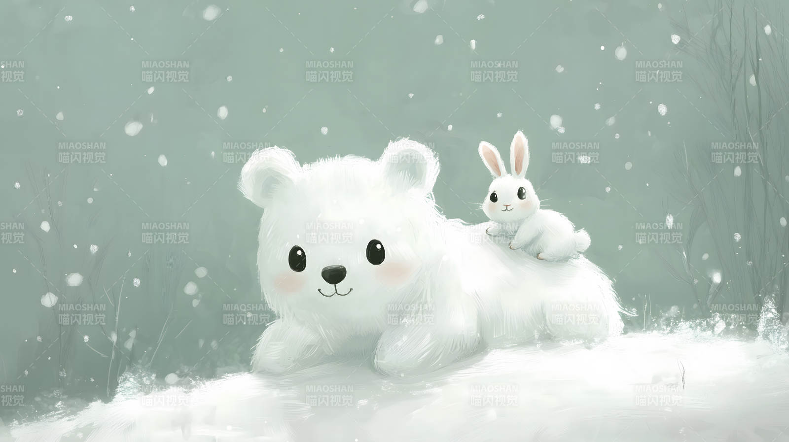 雪地中白兔与白熊对视的温馨画面图片