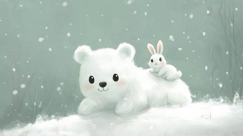雪地中白兔与白熊对视的温馨画面图片