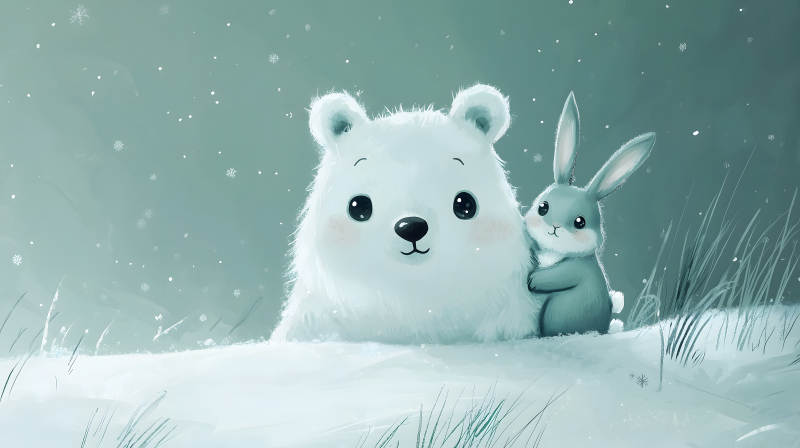 雪地中白兔与白熊对视的温馨画面图片