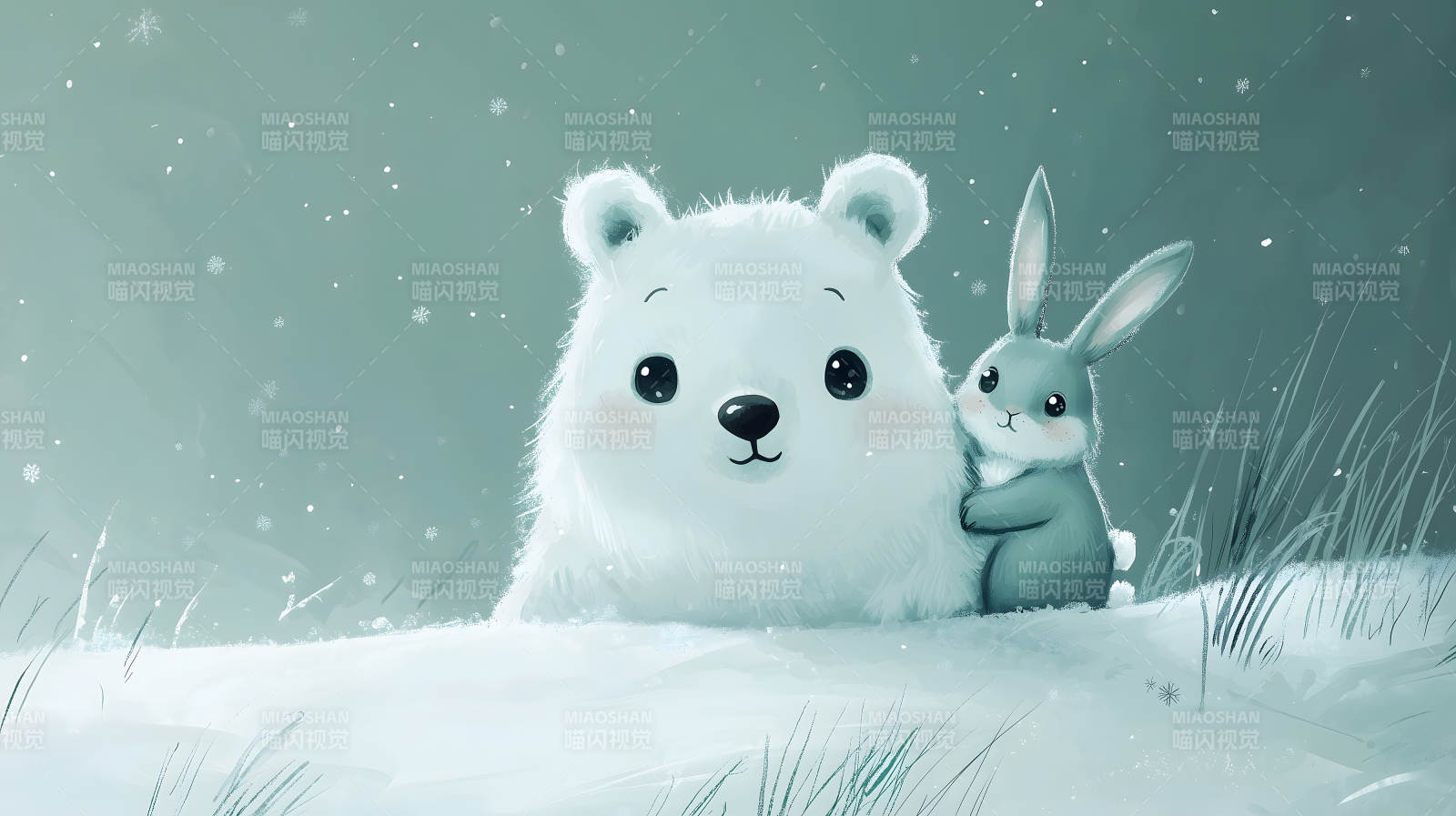 雪地中白兔与白熊对视的温馨画面图片